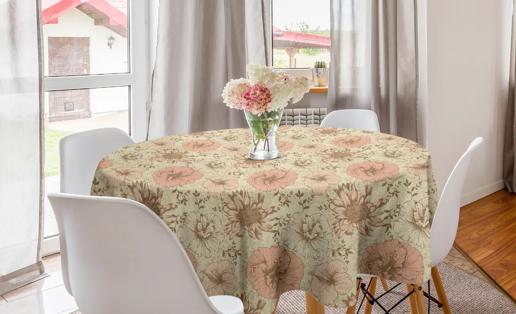 ABAKUHAUS Tovaglia rotonda con motivi floreali, pianta esotica di ibisco, tovaglia circolare per decorare la sala da pranzo e la cucina, 150 cm, color corallo e marrone chiaro