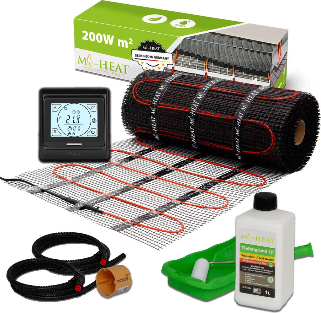 Elektrische Fußbodenheizung Dünnbettheizmatte 200Watt Komplett Set Thermostat Fliesen 3,5m²