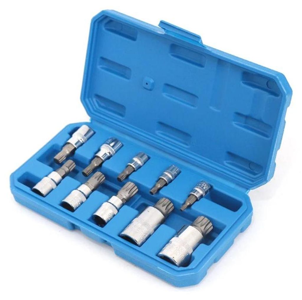 XZN Innenvielzahn Bit-Nuss-Set - Zwölfkant - Zehnteilig - M4–M18 - Vierkantantrieb 0,64/0,95/1,27 cm