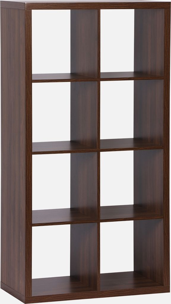 A dark brown, wooden-look bookshelf with eight compartments, presented against a white background.