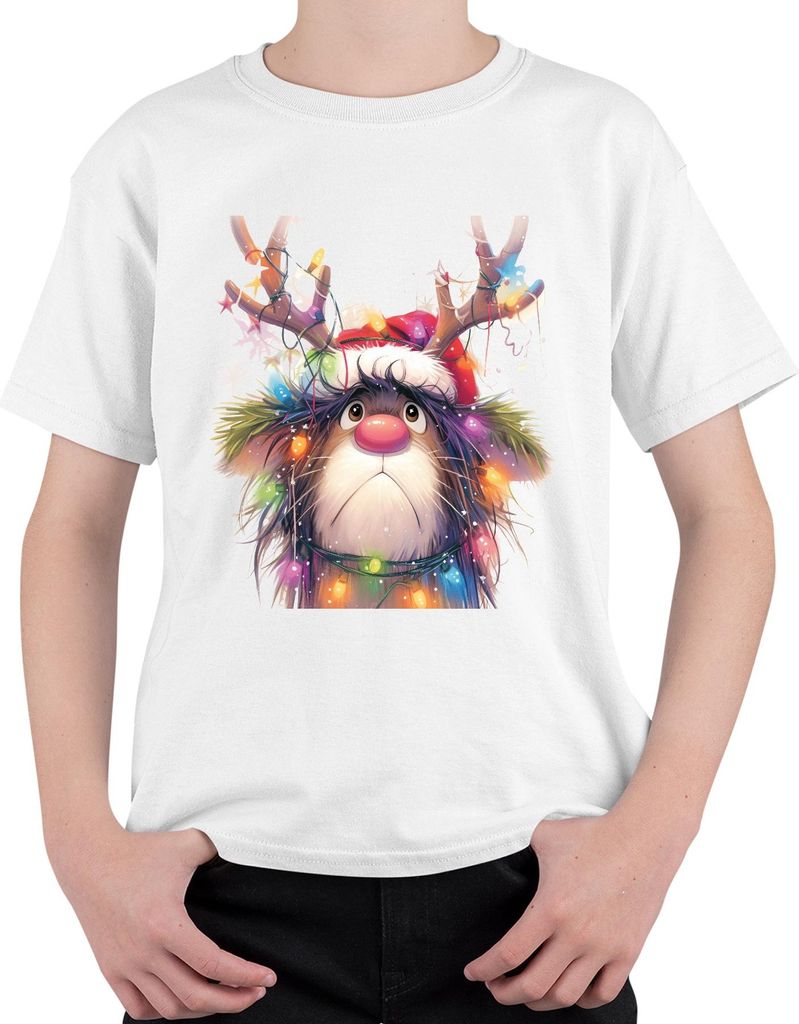 Rudolf Rentier Lichterkette Weihnachten niedlich Cartoon Geschenk Uni Kinder T-Shirt, Weiß, 104