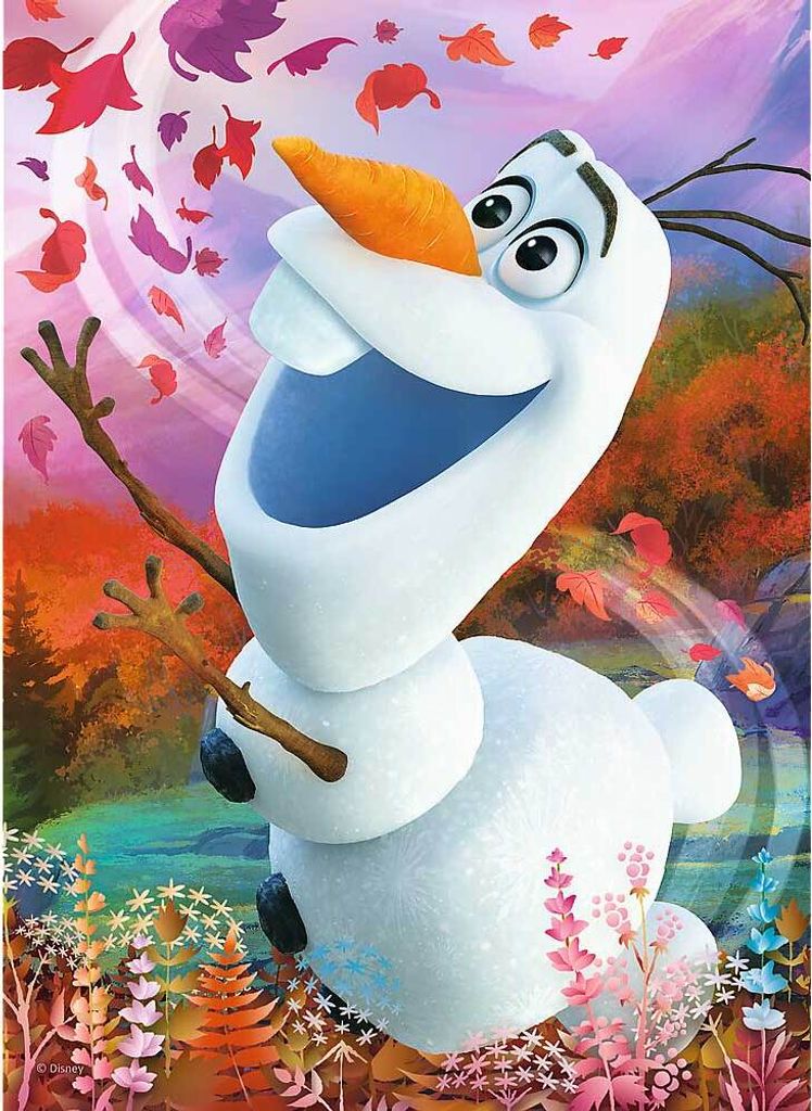 Olaf the snowman from Frozen is depicted in a whimsical autumn scene, surrounded by falling leaves and colorful foliage.