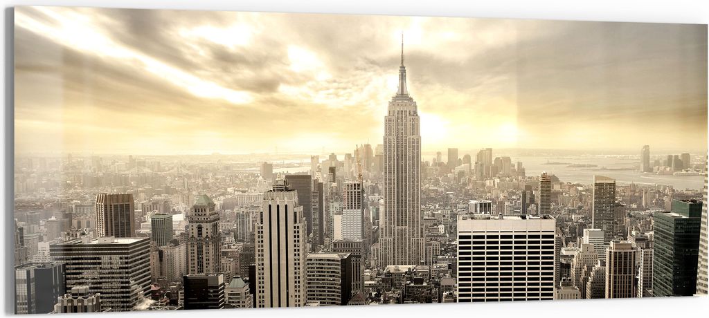 DEQORI Glasbild Echtglas 125x50 cm 'Goldene Metropole' Wandbild Bild modern Deko