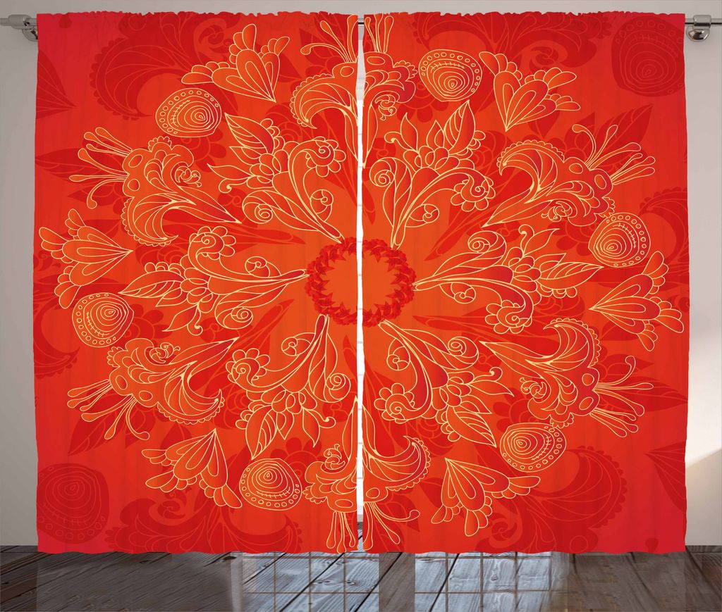 ABAKUHAUS Red Mandala Rustikaler Vorhang, Vibrierende Gekritzel-Kunst, Wohnzimmer Universalband Gardinen mit Schlaufen und Haken, 280 x 225 cm, Sch...