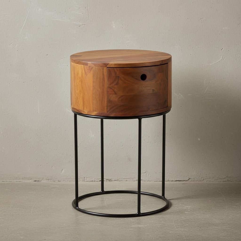 Nachtkonsole Massivholz Braun mit Schublade | Kompakter Beistelltisch rund | Metallgestell | 40x40x60 cm | Modern | Handgefertigt | Schlafzimmer