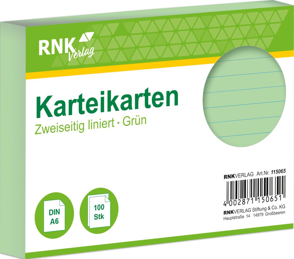 RNK Karteikarte A6 liniert grün 100St blaue Kopflinie