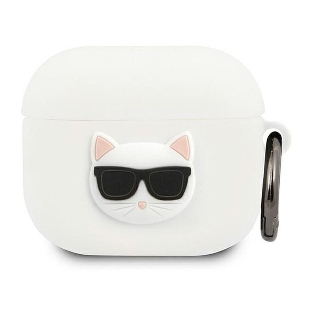 A white AirPods 3 case with a Choupette cat design.