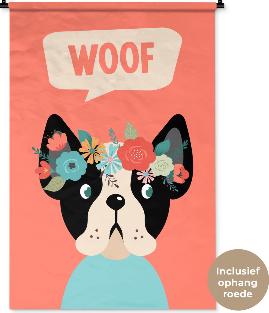 MuchoWow Wandteppich Wandbehang Hund - Haustier - Blume 90x135 cm Tapisserie Dekoration Wandtuch - Baumwolle - Wandskulptur