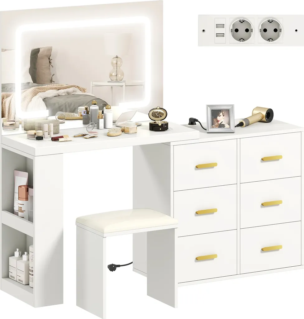 Coiffeuse avec Rangement Optimisé 6 Tiroirs et Miroir LED Anti-Éblouissement