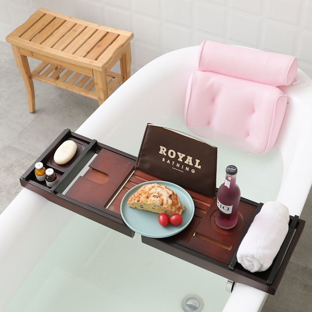 Decopatent Badewannenablage - Ausziehbar 75 -> 110 cm - Verstellbares Bambus-Badegitter für die Badewanne - Buchhalter - Tablet-Halter - Braun