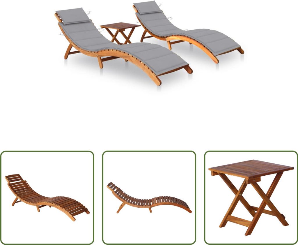 The Living Store Sonnenliegen 2 Stk. mit Tisch und Auflagen Massivholz Akazie