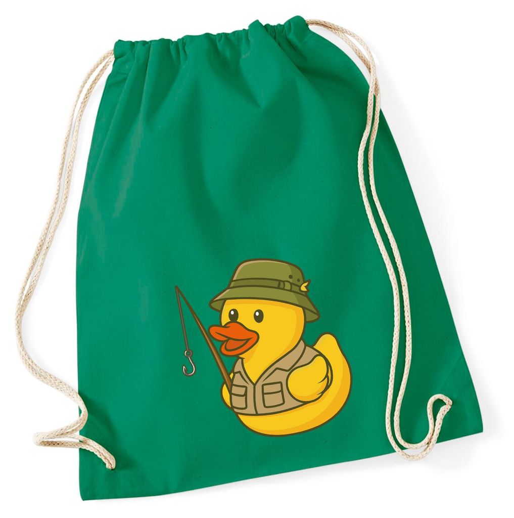 Huuraa Turnbeutel Quietscheente Angler Comic Gummiente 12 Liter Kelly Green Baumwolle Rucksack Geschenkidee