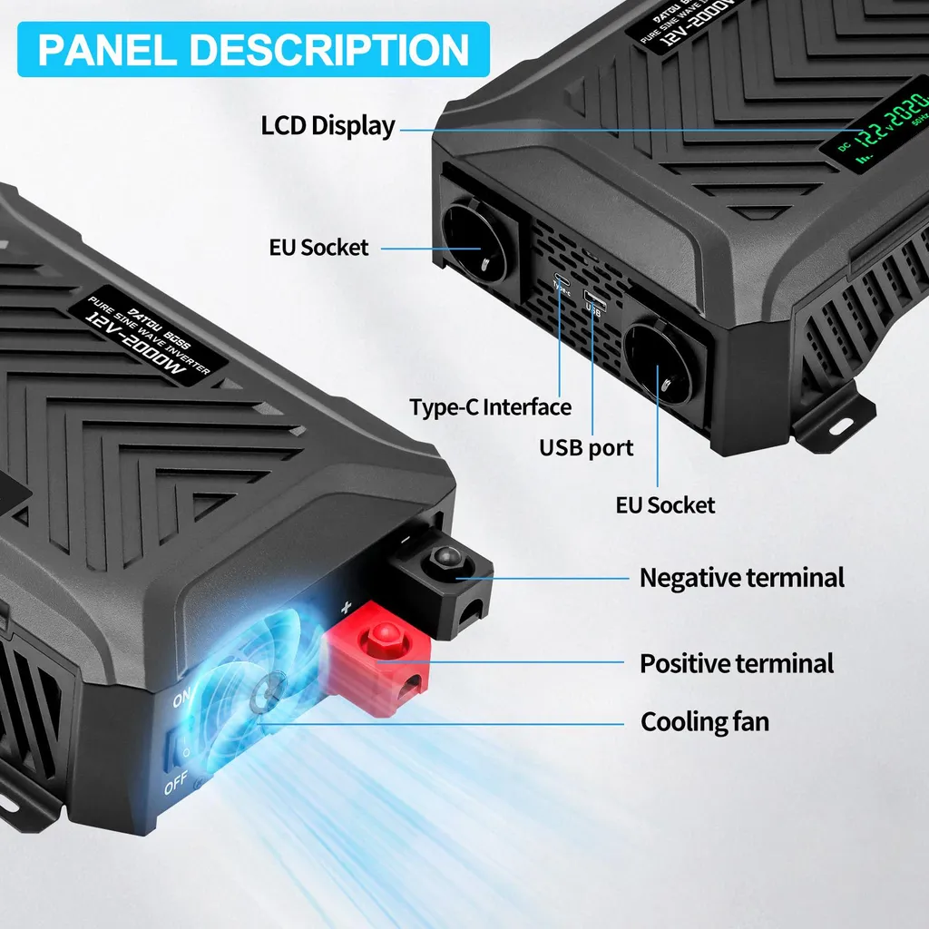Convertisseur Pur Sinus E2000W-12V - Inverter 2000W Crête 4000W USB