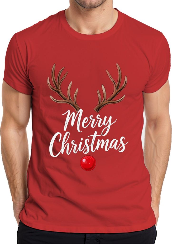 Merry Christmas Rentier Rudolph Geweih rote Nase Weihnachten Herren T-Shirt, Rot, 3XL