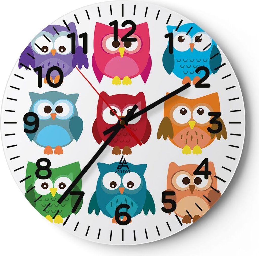 Wanduhr - Rund - Glasuhr - Eulen Bunt Kinder Zeichnung - 30x30cm - Schleichendes Uhrwerk - Lautlos - zum Aufhängen bereit - Dekoration Modern - Wa...