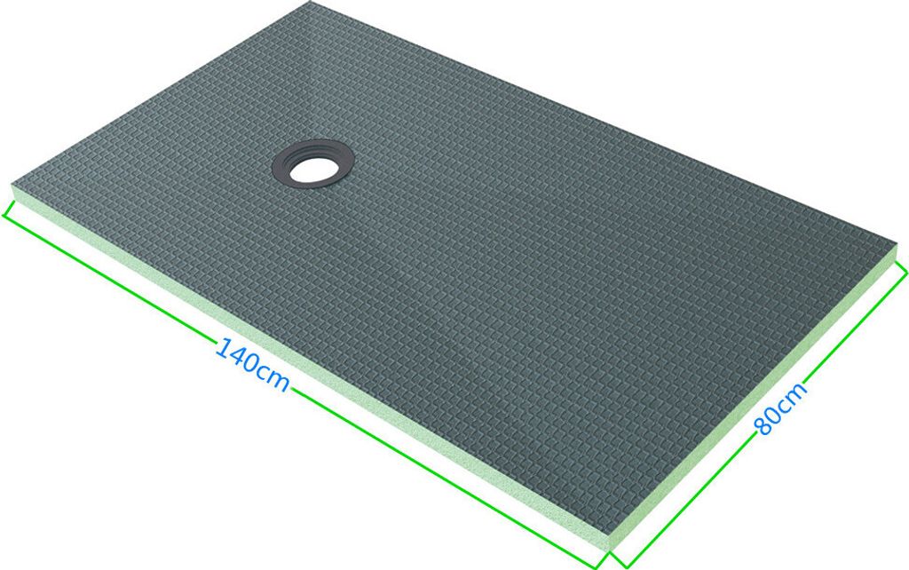 A rectangular shower tray with a drain in the center, shown from a slightly elevated angle. Dimensions are indicated by green lines and text.