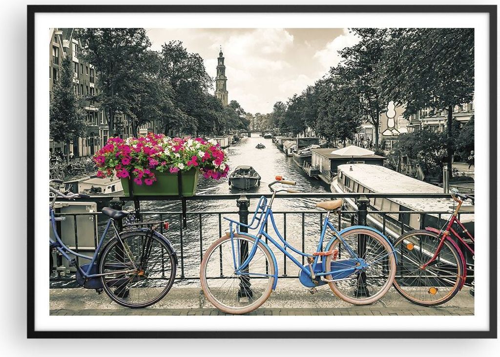 Gerahmtes Poster - Schwarzer Rahmen - Amsterdam Fahrräder Brücke - 100x70 cm - Wand Bild - Wanddeko - Wandbilder - Kunstposter - Wandposter - Bil...