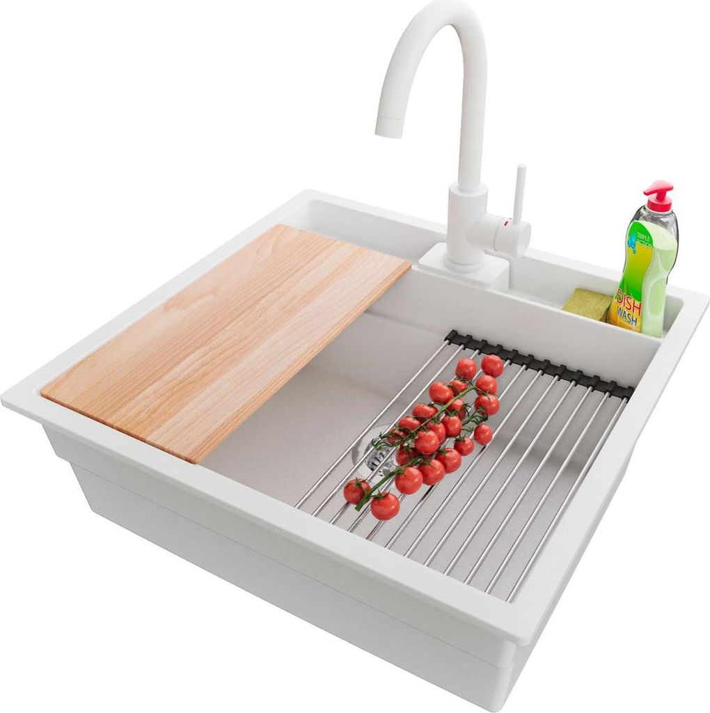 PRIMAGRAN Granitspüle Weiß 56x54cm, Spülbecken 1 Becken + Ablauf-Set + Küchenzubehörset, Küchenspüle ab 60er Unterschrank - Bergen Pocket