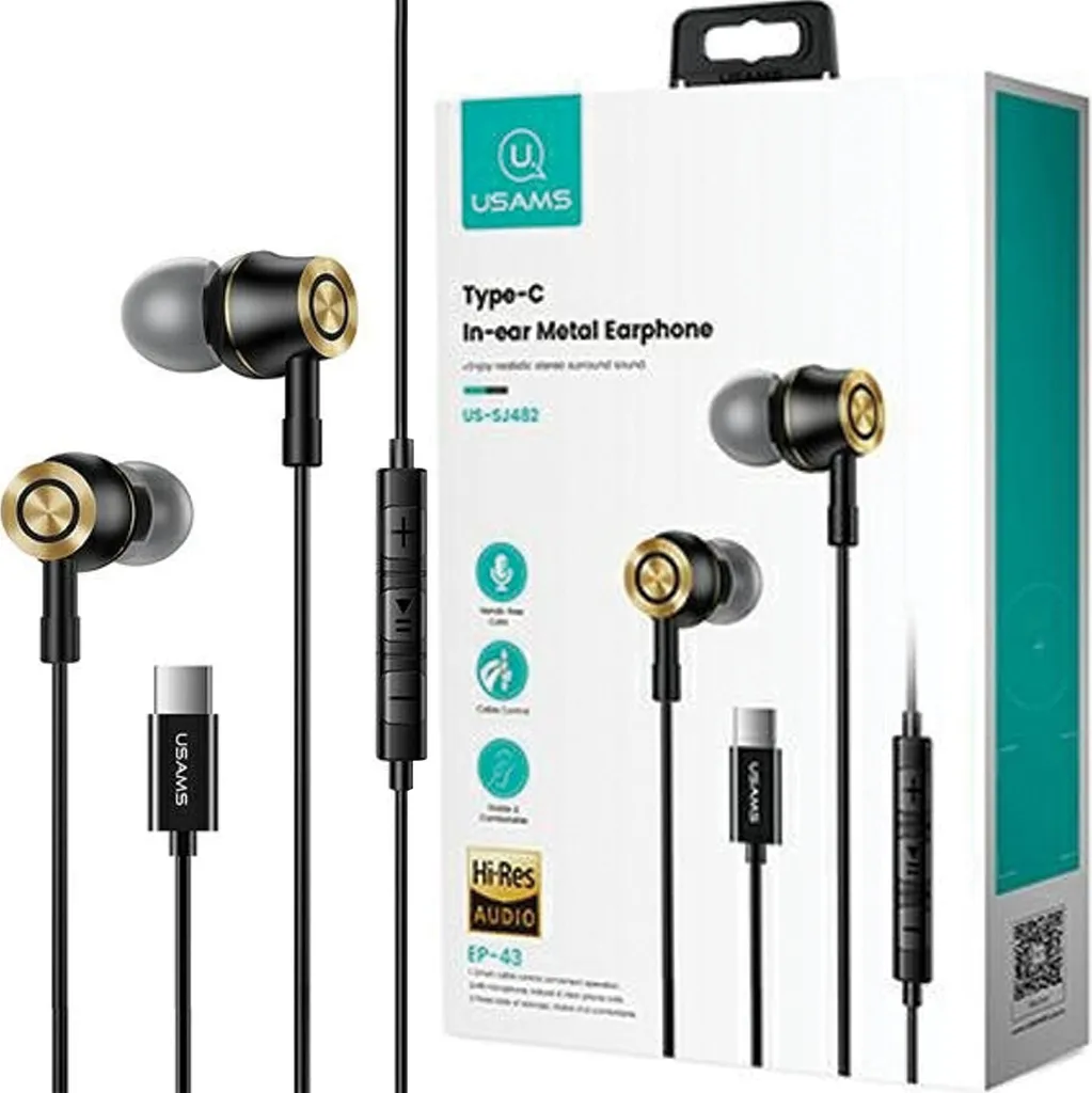 Auricolari Usams EP-43 Metal USB-C Neri: Eleganza e Suono 3D Premium