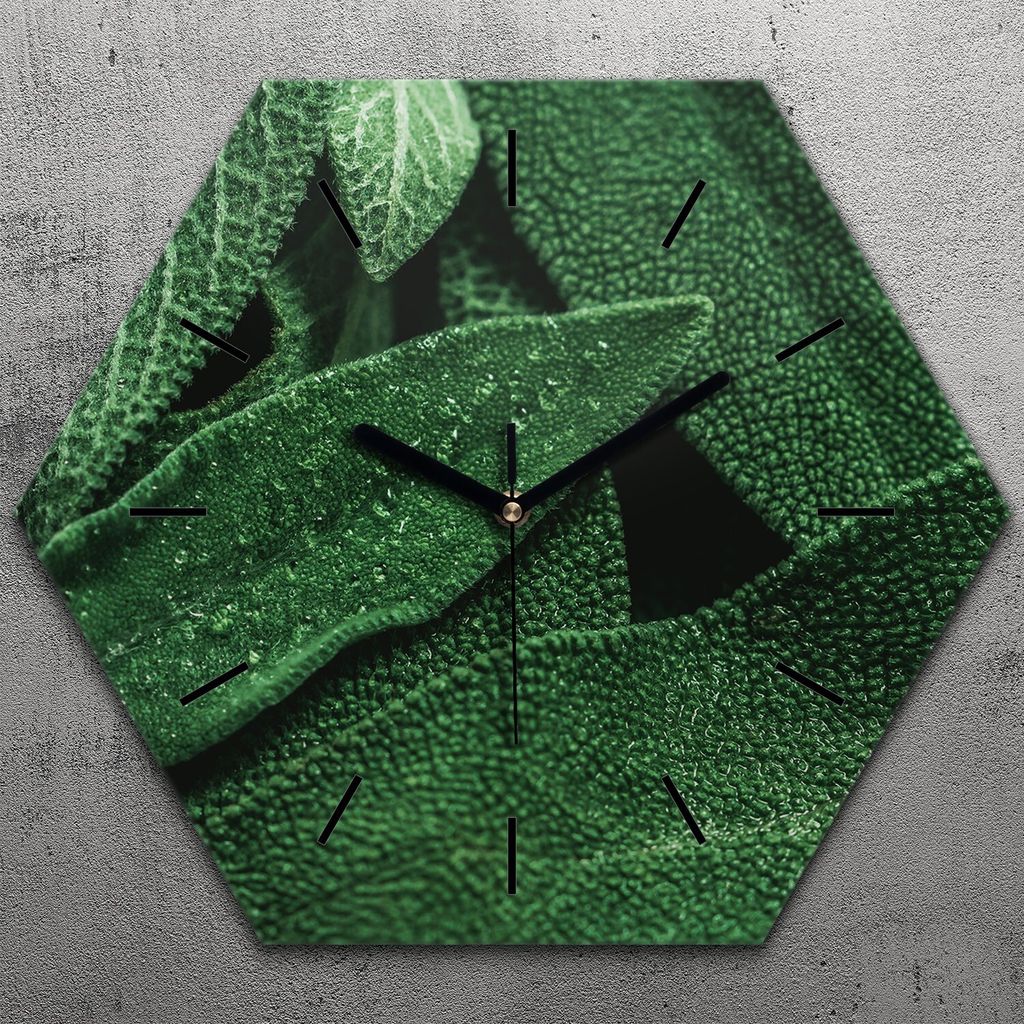 Uhr hexagonal 40 cm Glas Geräuschlos schwarze Zeiger - frischem Salbei