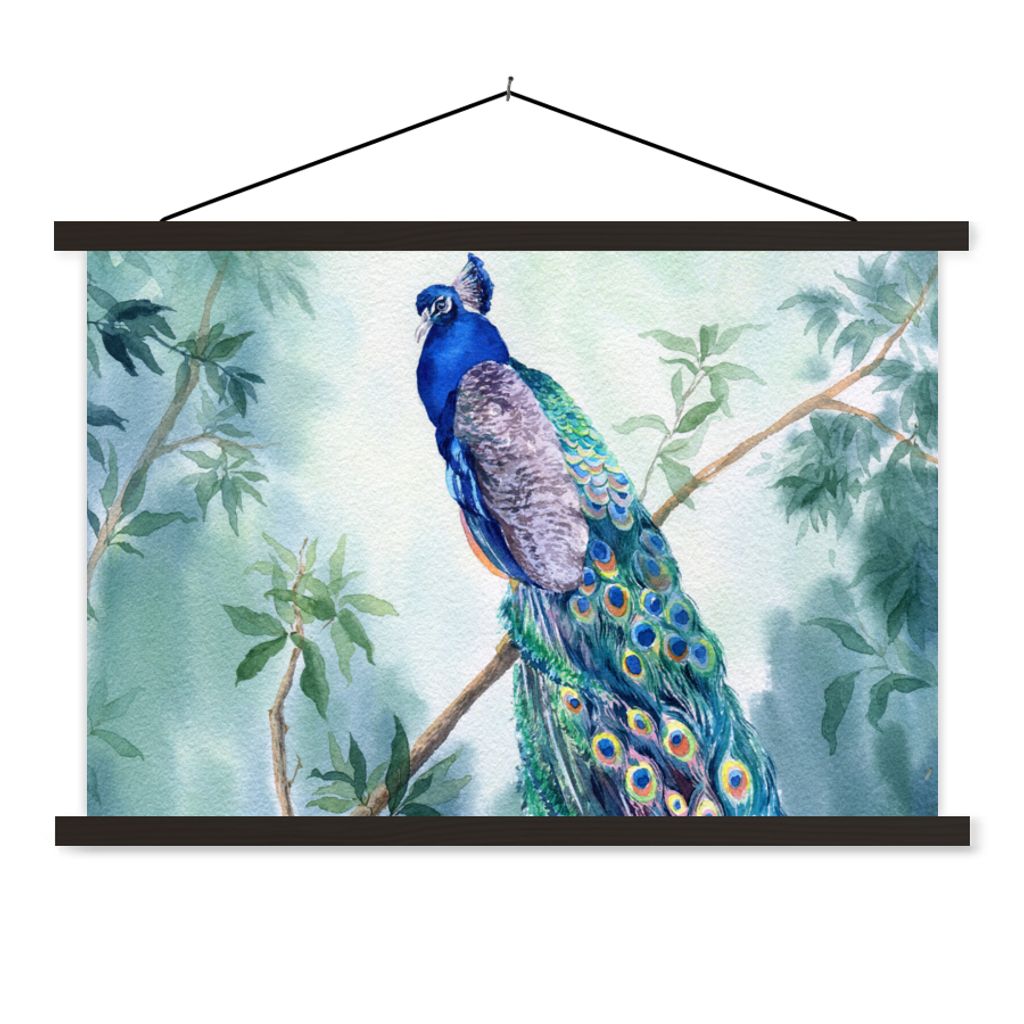 MuchoWow Textilposter Pfau - Pfauenfedern - Grün - Tiere 60x40 cm mit schwarzem Rahmen - Hölzernes