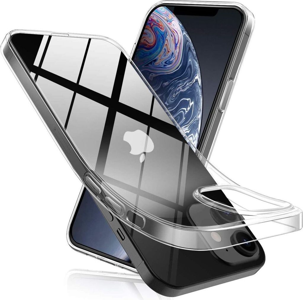 A clear, professional studio shot of a transparent phone case, showcasing the Apple logo on the phone inside.