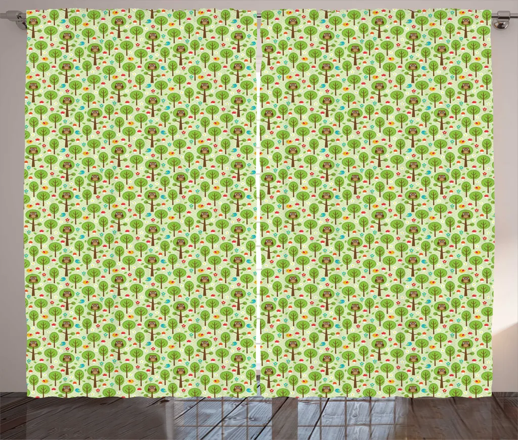 Rideaux forêt verte pastel en tissu rustique imprimé 280x225 avec crochets