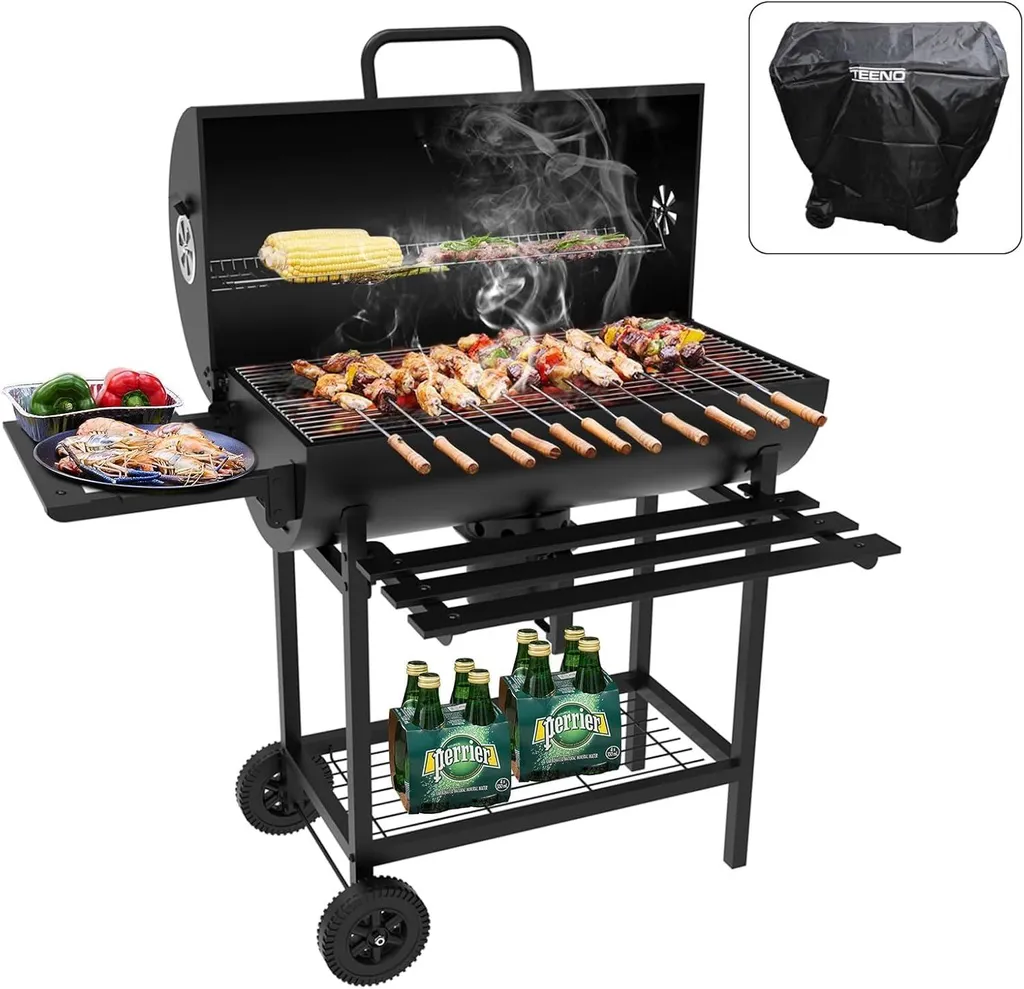 Grill à Charbon de Bois de Grande Taille avec Chariot et Housse Inclus