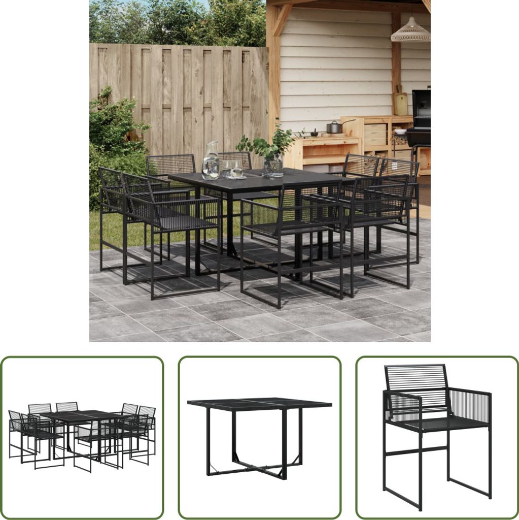 The Living Store 9-tlg. Garten-Essgruppe Schwarz Poly Rattan