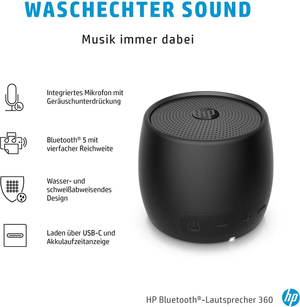 Enceinte nomade HP Bluetooth 360 noire - Audio portable pour smartphone