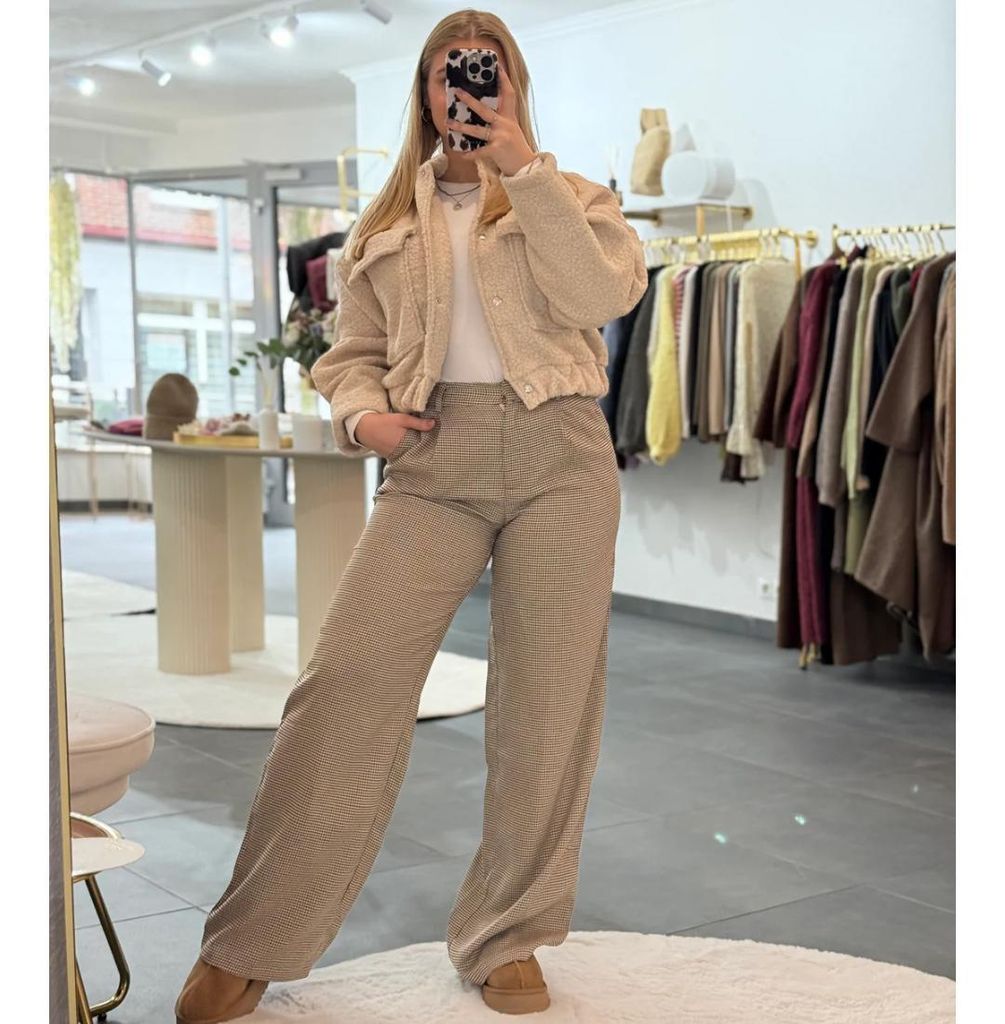 Stoffhose Lange für Damen "Kathi" Beige Größe M - Hosen Elegante Stoffhose mit Hahnentrittmuster Frauen Wanderhosen Stoffhosen, Schlaghose Frau ...