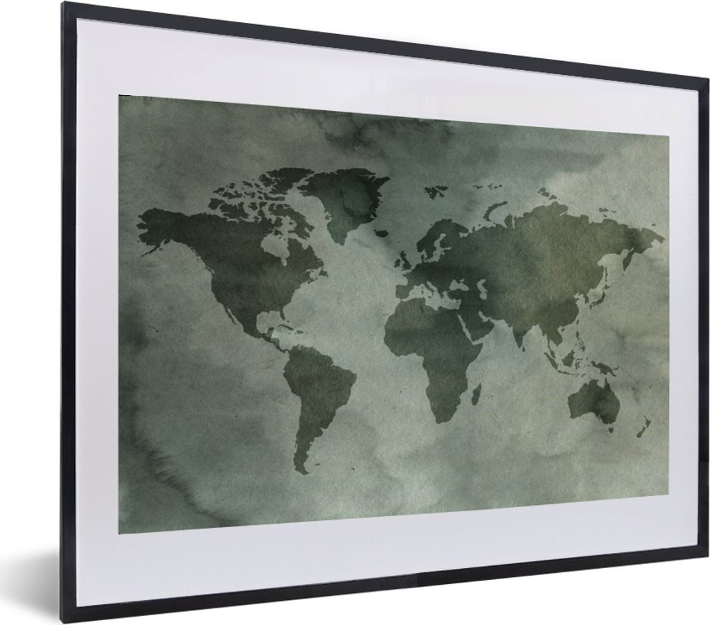 MuchoWow MuchoWow Gerahmtes Poster Weltkarte - Aquarell - Grau 60x40 cm - Poster mit zchwarzem Bilderrahmen - Schlafzimmer - Plakat in Rahmen -...