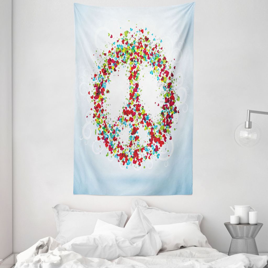 ABAKUHAUS Bunt Wandteppich und Tagesdecke, Friedenszeichen mit Herzen aus Weiches Mikrofaser Stoff Waschbar ohne Verblassen Digitaldruck, 140 x 230...