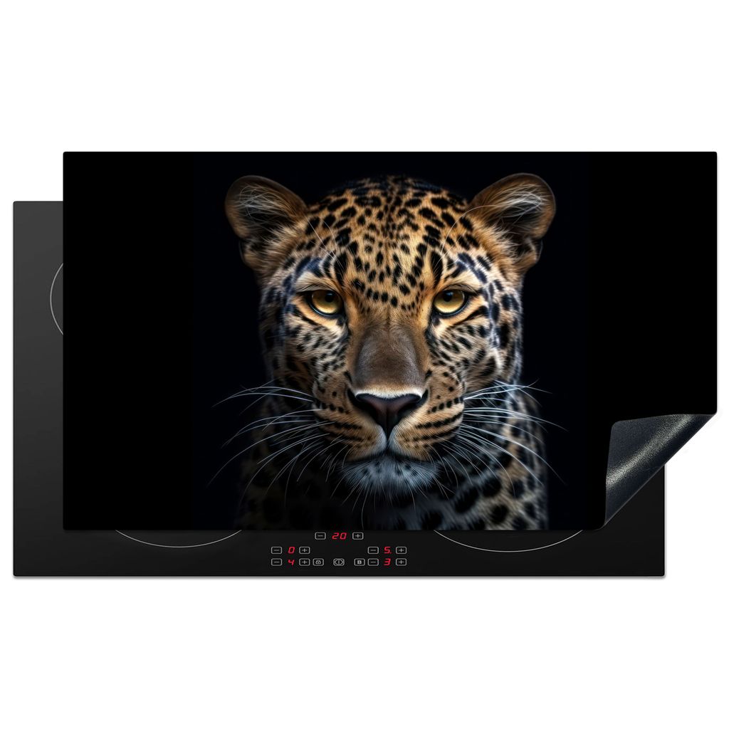 KitchenYeah Herdabdeckplatte Tiere - Leopard - Porträt - Schwarz , 89x51cm, Küche Deko, Glaskeramikkochfeld Herdabdeckung, Abdeckplatte fùr Ko...