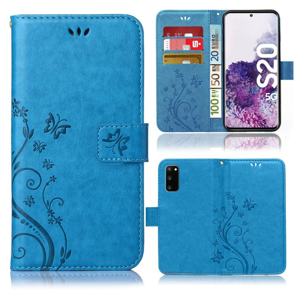 Handy Tasche für Samsung Galaxy S20 Schutz Hülle Handyhülle mit Blumenmuster Klapp Hülle mit Standfunktion und Kartenfächer Blau