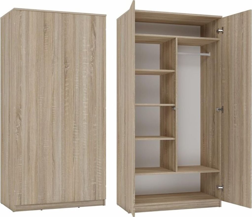 BDW Kleiderschränk 2 Türen, 6 Einlegeböden, Eiche Sonoma, 180x90x50