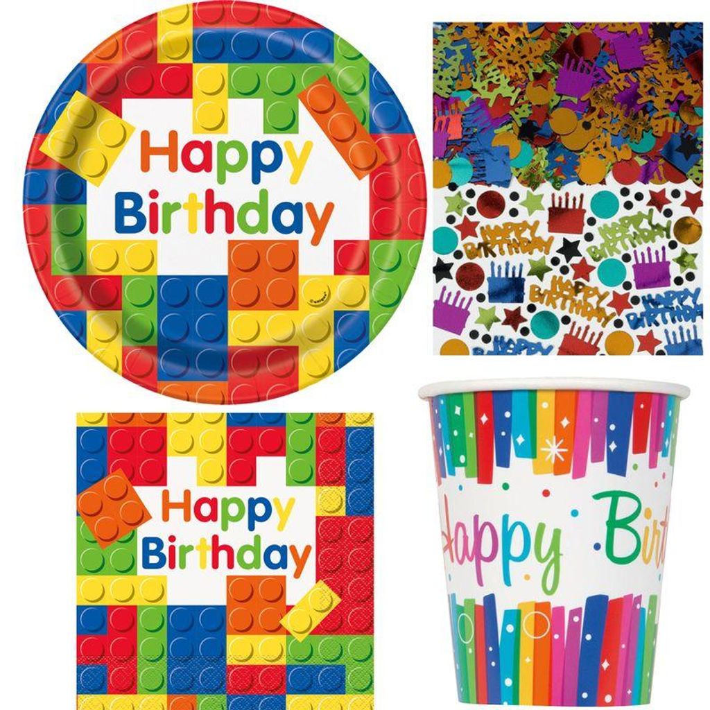 Partyset Bausteine Partygeschirr Geburtstag bunt Produktbild 