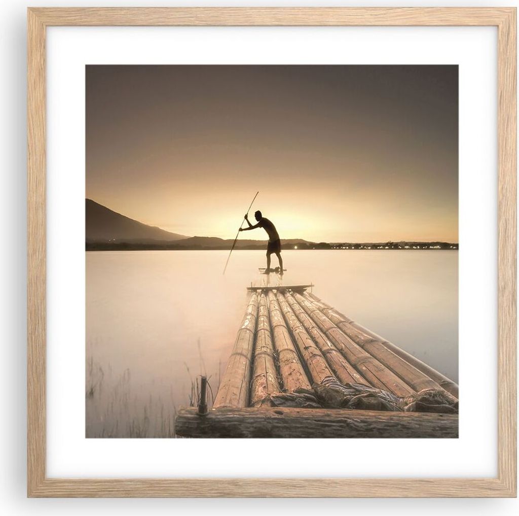 Gerahmtes Poster - Rahmen in heller Eiche - Floß Westen die Sonne - 40x40 cm - Wand Bild - Wanddeko - Wandbilder - Wandposter - Bilderrahmen - Bil...