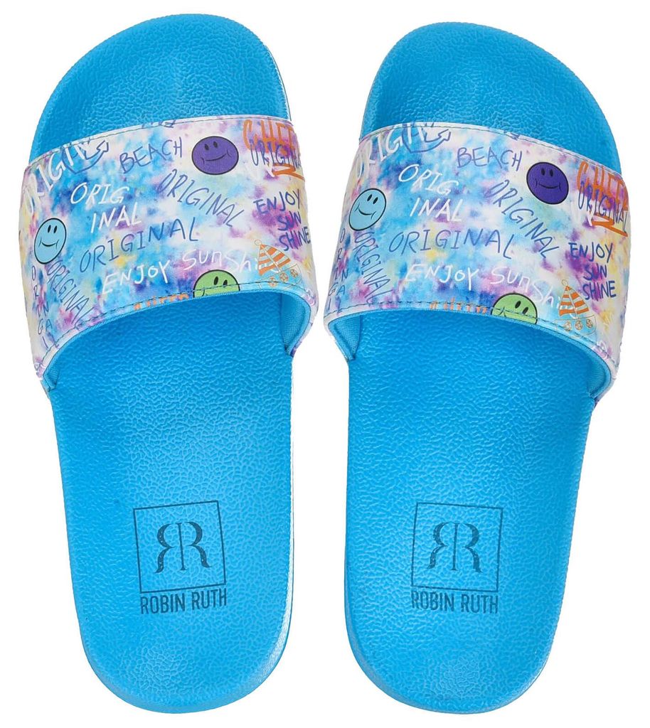 Robin Ruth Kinder Slipper Sandale mit flacher Sohle - Modische Badeschuhe Badelatsche in Blau-Bunt Größe 34/35