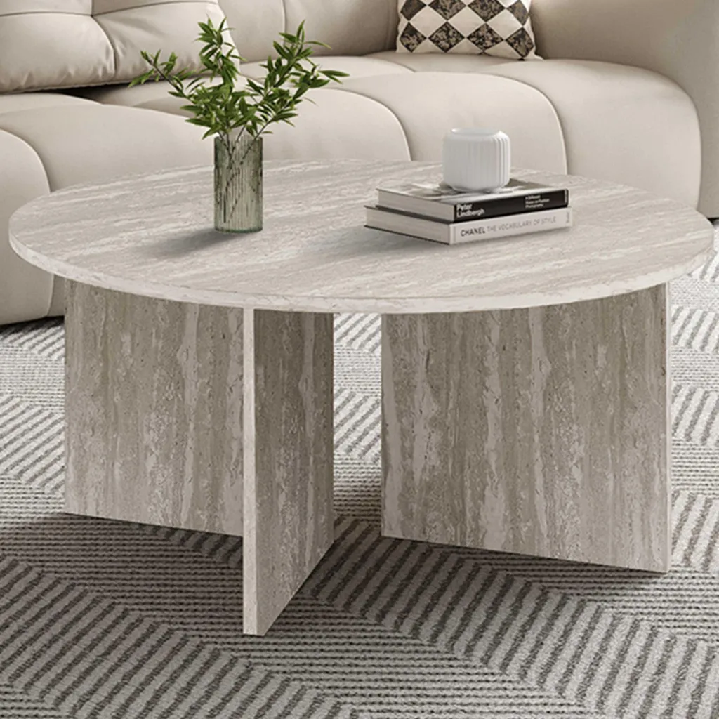 Table basse Drasir en travertin gris massif 90cm, design minimaliste - 2