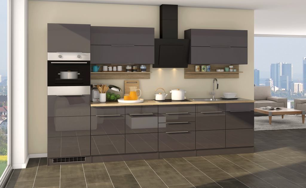 Küchenblock Neapel 320 cm grau hochglanz ohne Elektrogeräte