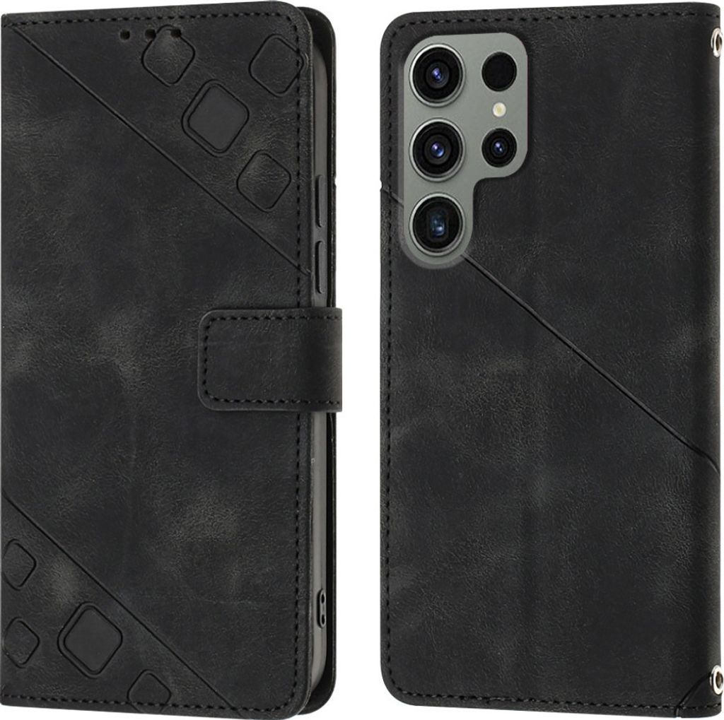 Hülle für Samsung Galaxy S23 Ultra Prägung Flip Leder Brieftasche Schutzhülle mit Ständer Schwarz