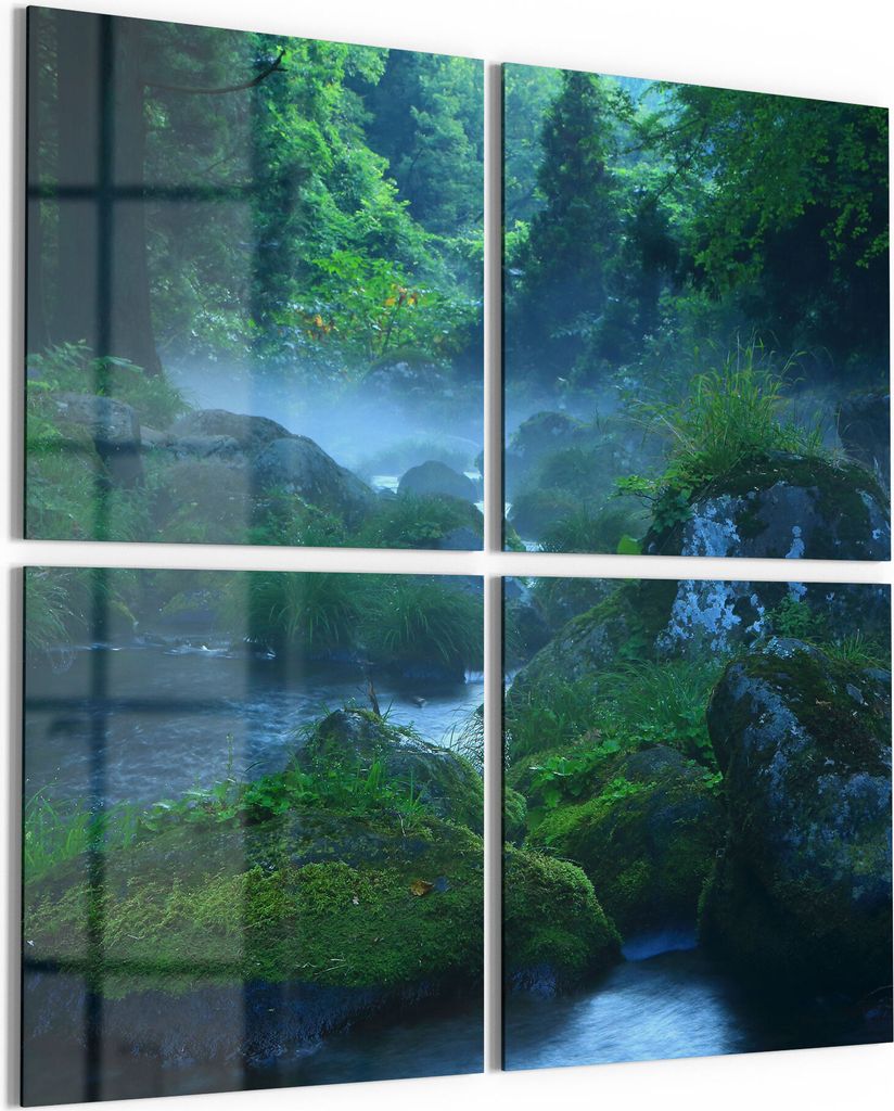 DEQORI Glasbilder Acryl 4x50x50 cm 'Wasserquelle im Wald' Wandbilder XXL groß