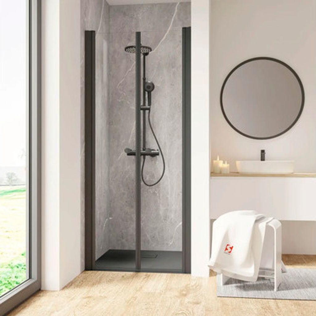 Duschtür in Nische mit Pendeltür SCHULTE Garant 2.0 ExpressPlus 90 cm Profil schwarz Klarglas schmutzabweisende Glasbesc