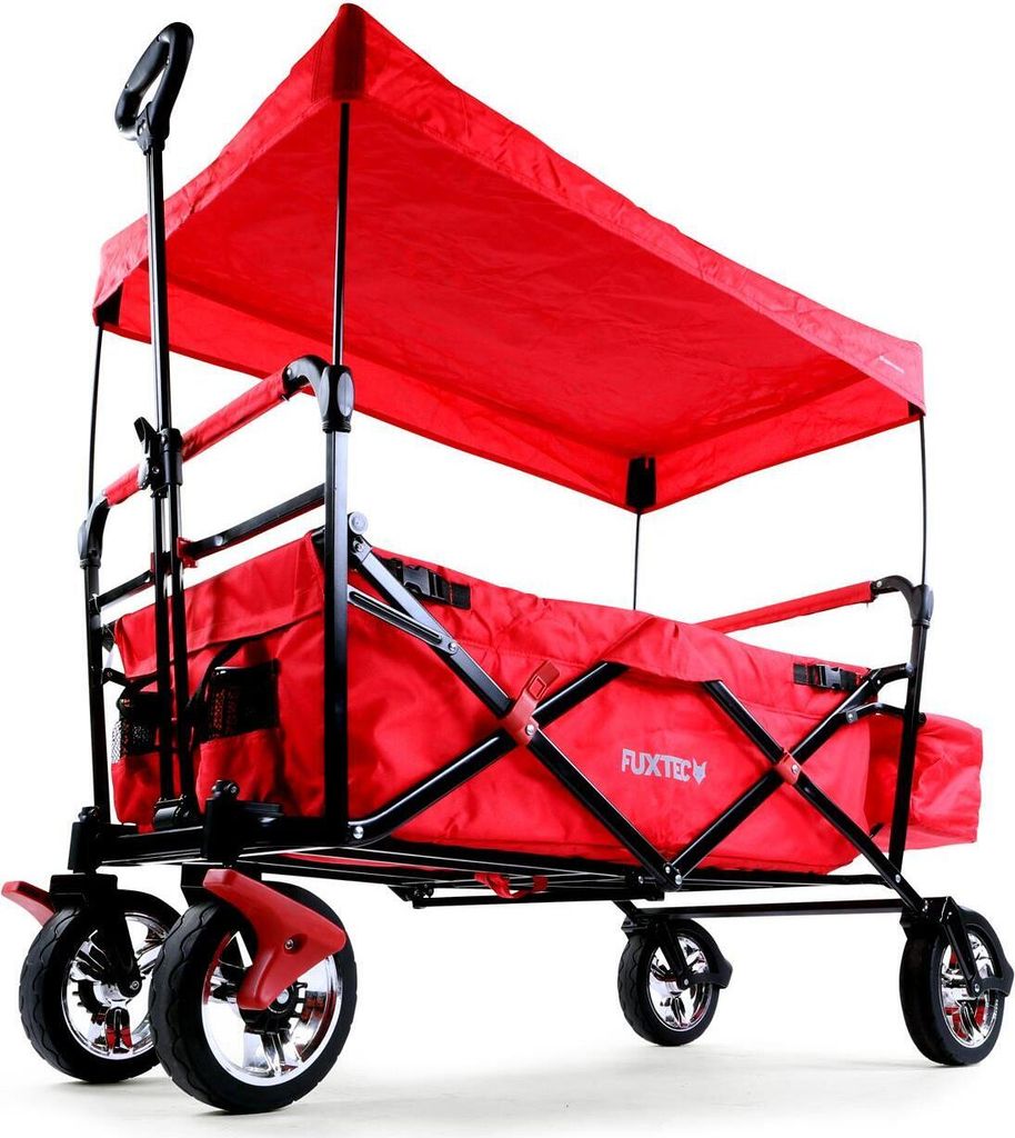 FUXTEC Bollerwagen Rot FX-CT500 - mit Sonnendach | bis 75Kg | Klappbar | Feststellremse | inkl. Hecktasche| gummi Profil Räder | 128cm x60cm x102c...