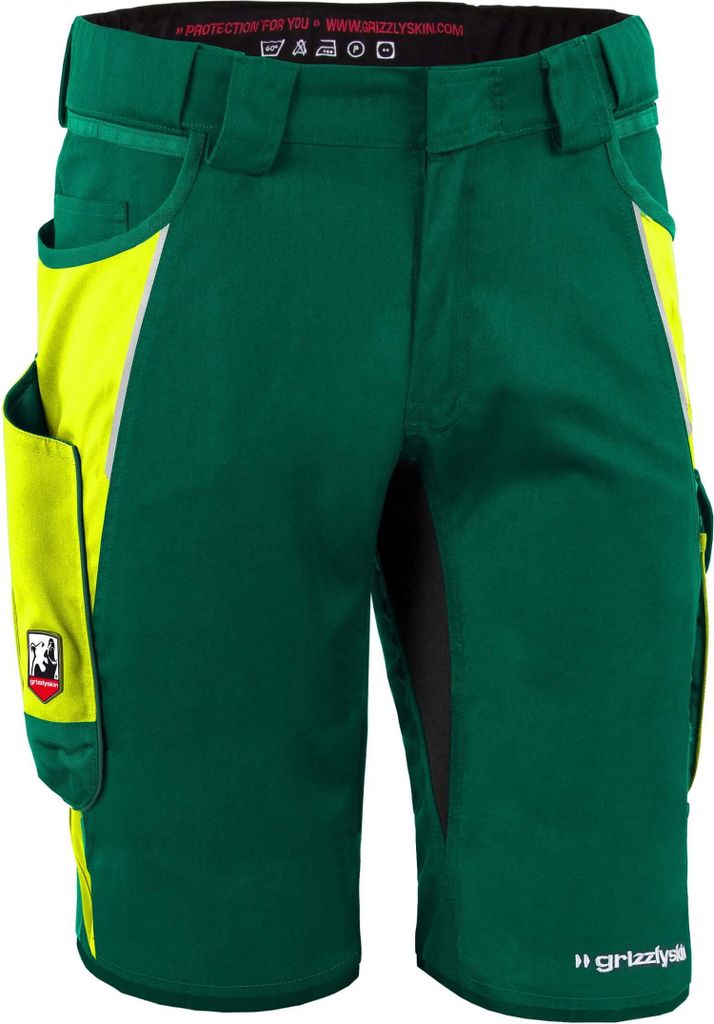 Qualitex kurze Arbeitshose - Handwerker-Shorts IRON mit 13 Taschen aus Lyocell, Cordura & Stretch - in Farbe: grün/warngelb - Herren: 70 - Damen: 64