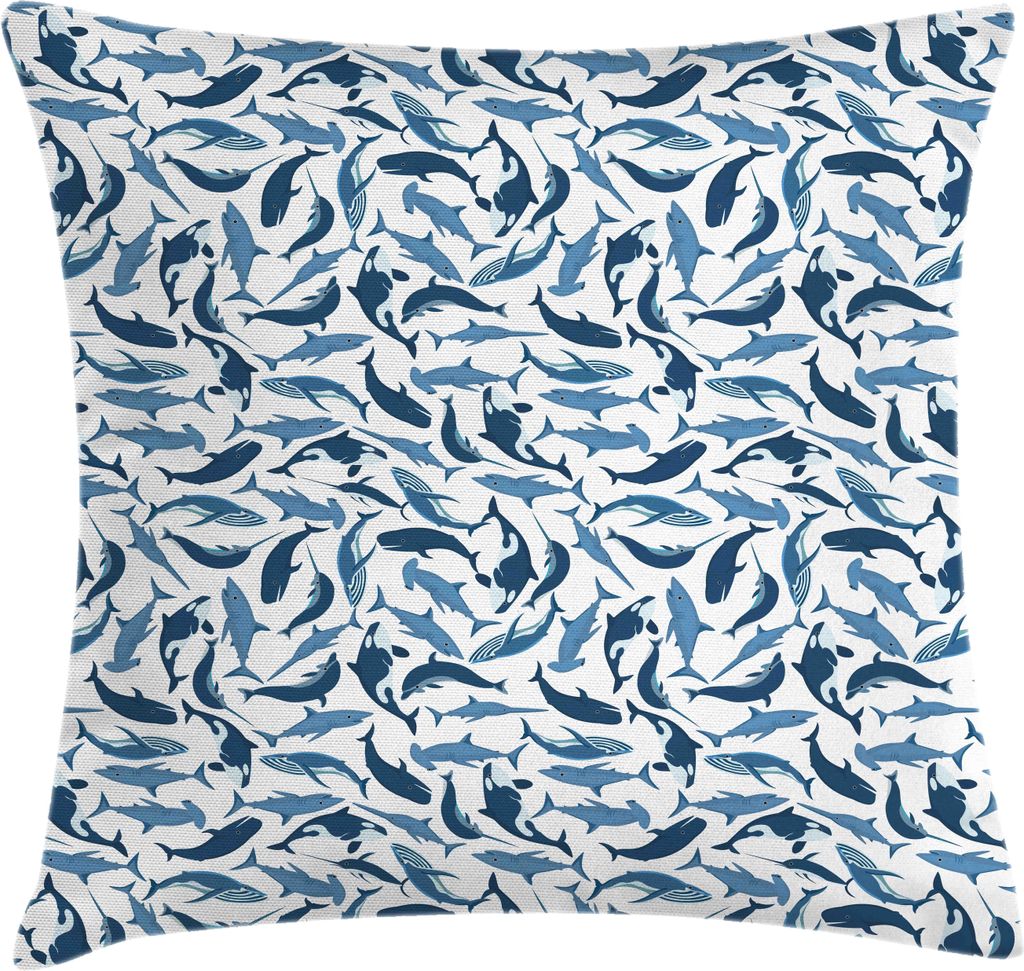 ABAKUHAUS Wale Kissenbezug, Verschiedene Arten von Haien und Säugetiere Fisch mit Narwhal auf einfachen Hintergrund, 40 x 40 cm, Weiß und Nachtblau