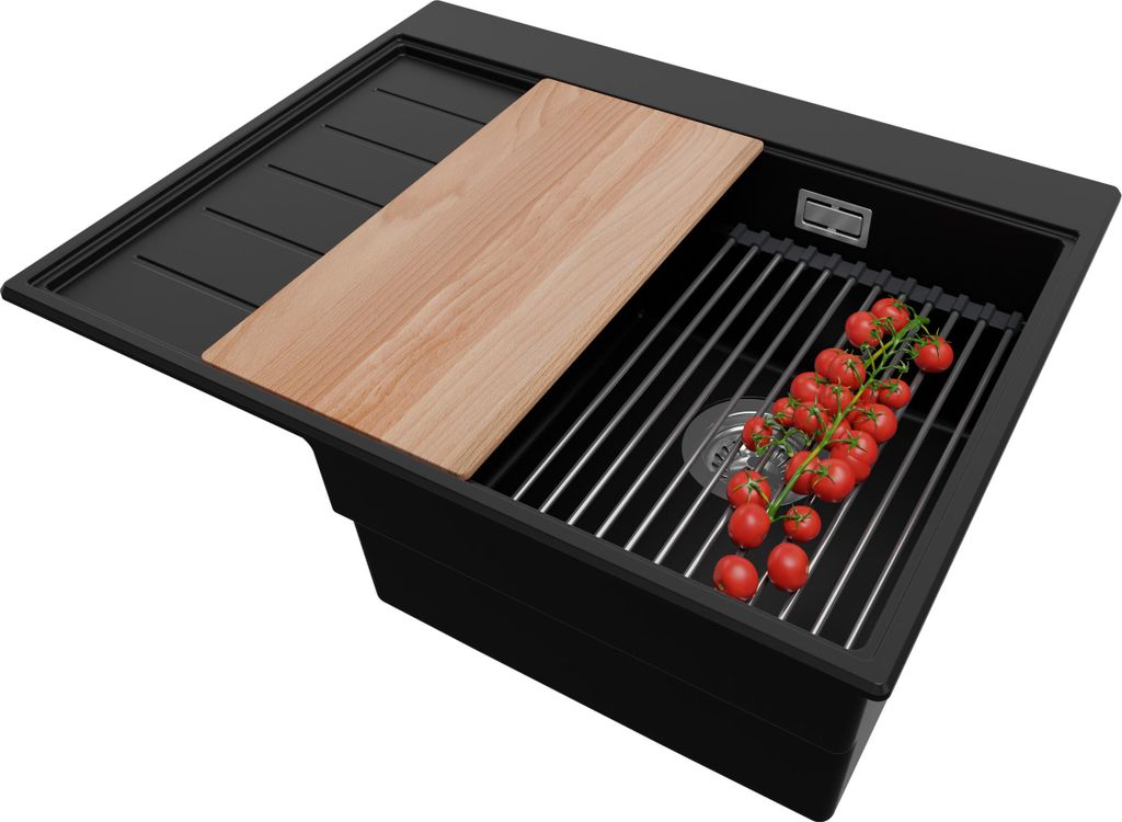 PRIMAGRAN Spülbecken Schwarz 62x50cm, Granitspüle 1 Becken + Ablauf-Set + Küchenzubehörset, Küchenspüle ab 40er Unterschrank - Sydney