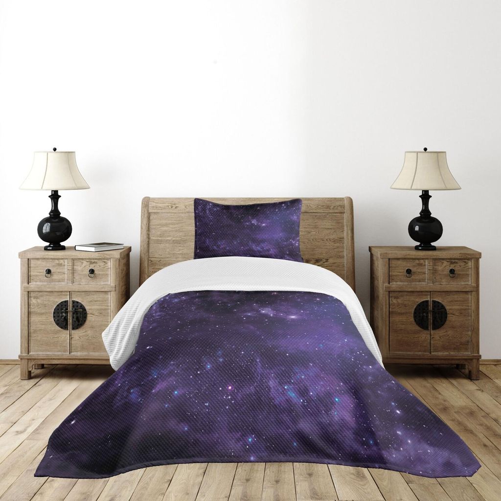 ABAKUHAUS Galaxis Tagesdecke Set, Himmlische Sternenstaub Nachthimmel Wolken Magische Fantasie Weltenraum Muster, 170 x 220 cm, Schwarz Marineblau
