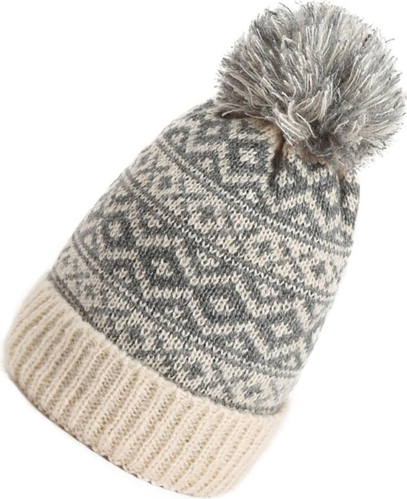 INF Stylische Acryl Strickmütze mit Bommel - Warme Wintermütze für Damen Grau